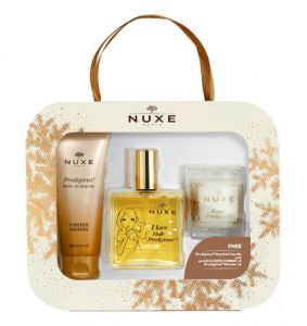 NUXE Zestaw świąteczny Huile Prodigieuse olejek 100ml + Prodigieux olejek pod prysznic 100ml + świec